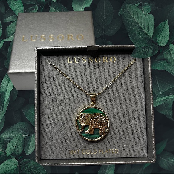 Lussoro Jewelry - Lussoro 18KT Gold Plated Golden Good Luck Elephant Over Malachite Pendant NIB